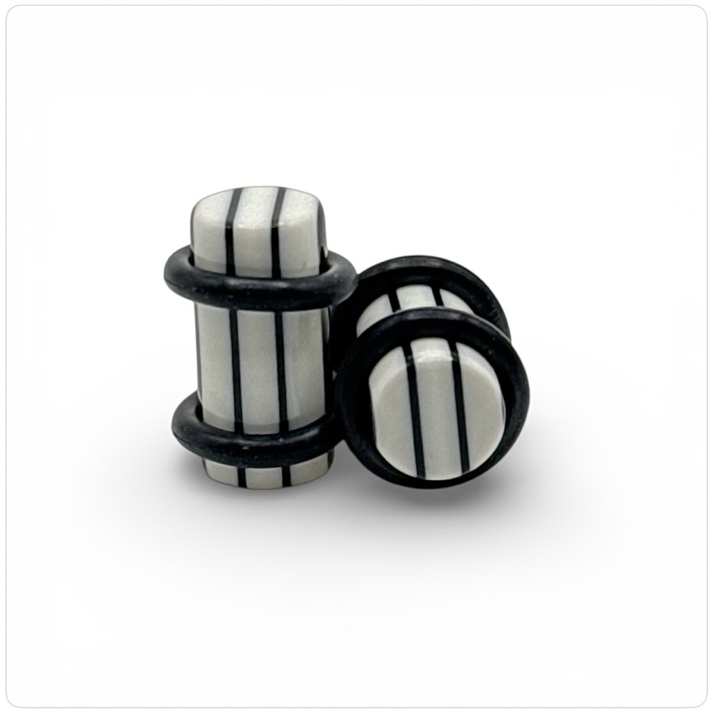 Pair 2g 1/2 Black & White Striped Acrylic Plugs - Body Piercing Jewelry New